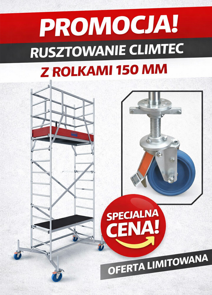 Oferta miesiąca! KRAUSE ClimTec rusztowanie aluminiowe wys. rob. 5,00 m | system GUARDMATIC + rolki 150 mm