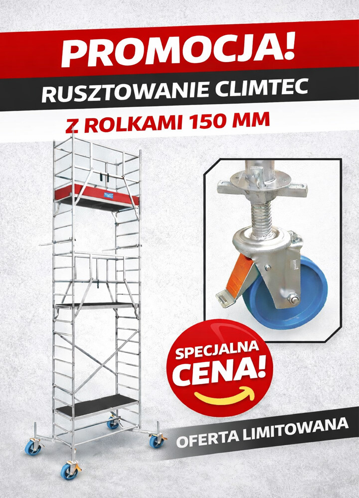 Oferta miesiąca! KRAUSE ClimTec rusztowanie aluminiowe wys. rob. 7,00 m | system GUARDMATIC + rolki 150 mm